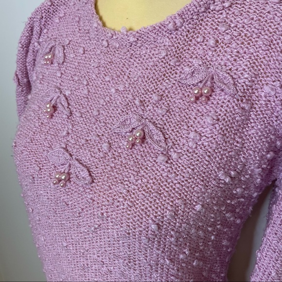 Vintage LeRoy Sweater 80's Cherry Pearl Small Pink Bobble Girly Retro 3/4 Sleeve - Picture 4 of 12